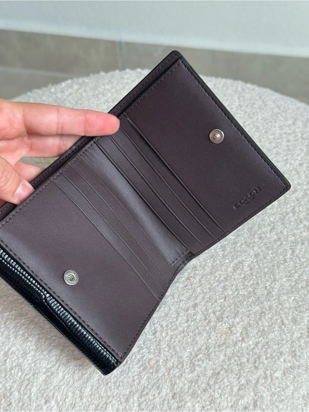 Coach Black Lizard-Embossed Card Wallet with Silver Logo Plate